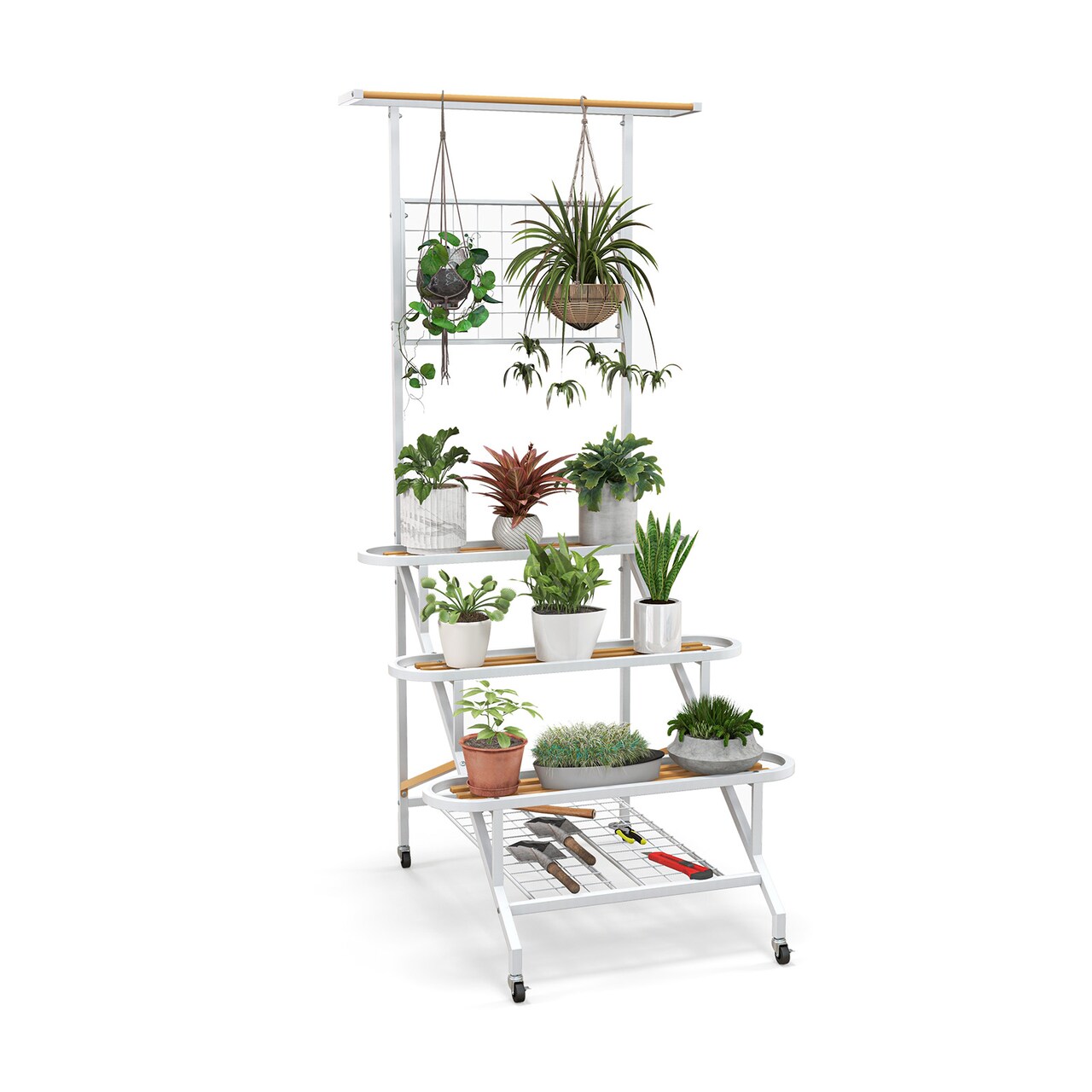 White Tan 4-Tier Metal Plant Stand Ladder Display with Trellis and Wheels Indoor Outdoor